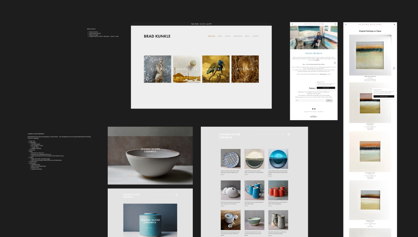 Creative direction board exploring artwork, ceramics and clean portfolio layouts