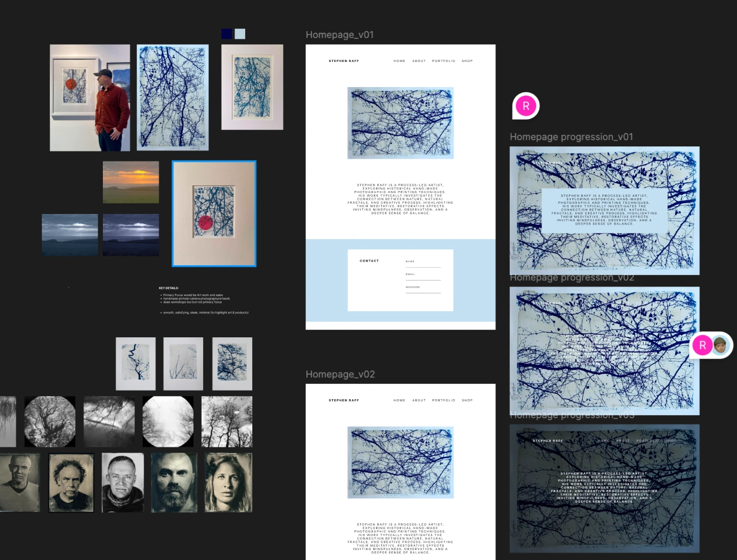 Artist portfolio concept board with blue artwork, photography and alternative page layouts