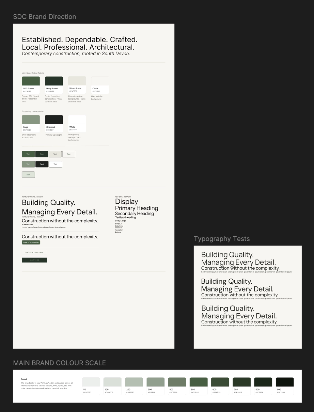 SDC brand direction showing green colour palettes, typography tests and button treatments