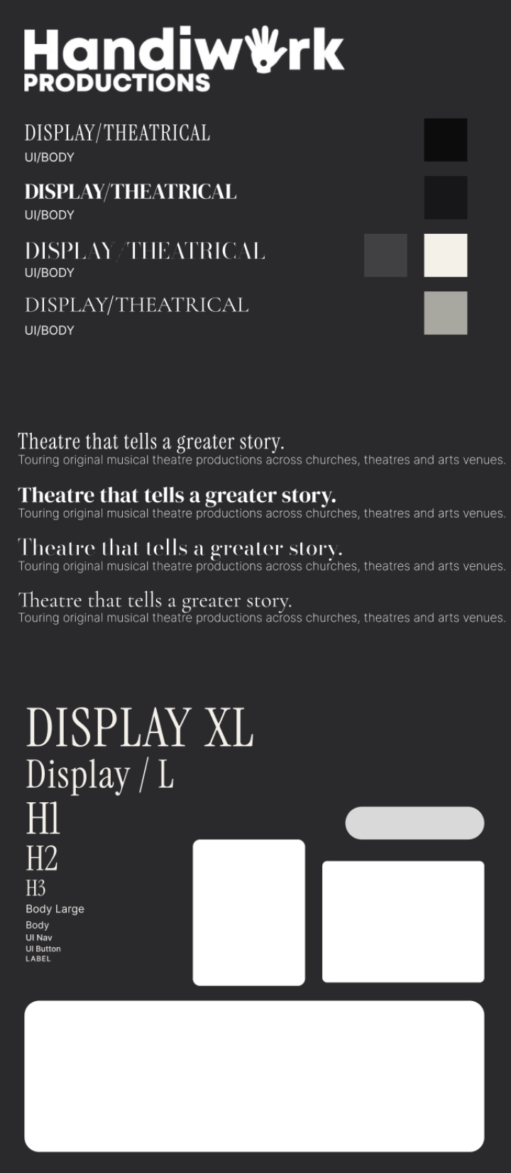 Handiwork Productions design board with theatrical typefaces, monochrome colours and interface shapes
